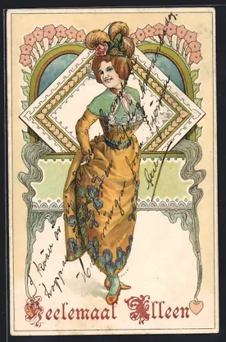 Lithographie Dame in zeitgenöss. Mode