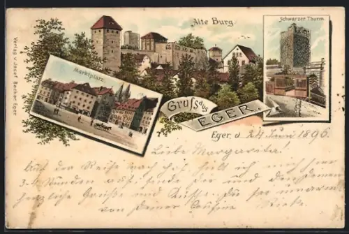 Lithographie Eger, Alte Burg, Marktplatz, Schwarzer Thurm