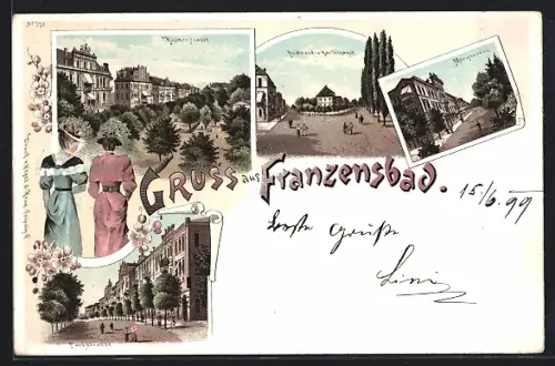 Lithographie Franzensbad, Kulmerstrasse, Parkstrasse, Morgenzeile, Ferdinand- u. Karlstrasse