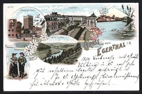 AK Egerthal i. B., Schwarzer Turm, Theaterplatz, Egertal bei Stein, Paar in Tracht