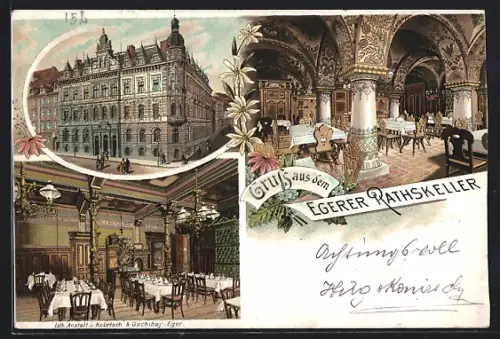 Lithographie Eger, Gasthof Ratskeller, Aussen- und Innenansicht