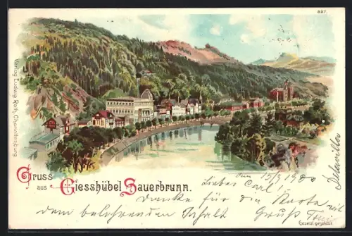Lithographie Giesshübel Sauerbrunn, Blick auf die Ortschaft an einer Flusspartie