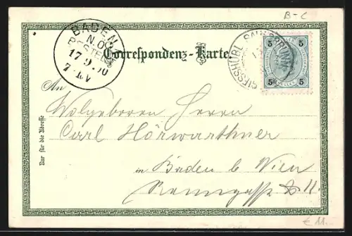 Lithographie Giesshübel Sauerbrunn, Blick auf die Ortschaft an einer Flusspartie