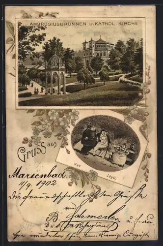 AK Marienbad, Ambrosiusbrunnen und katholische Kirche