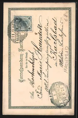 AK Marienbad, Ambrosiusbrunnen und katholische Kirche