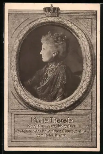 AK Portrait Königin Maria Therese von Bayern mit Hochsteckfrisur, besticktem Kleid und Krone