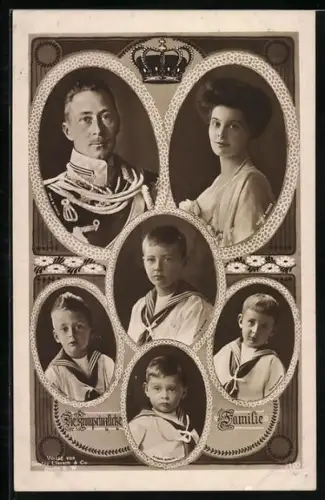 AK Kronprinz Wilhelm von Preussen in Uniform, Kronprinzessin Cecilie, Söhne in Matrosenkleidung, Profilbilder, 6 Ansichte