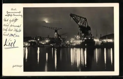 AK Kiel, Germaniawerft bei Nacht, Hafen