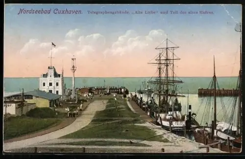 AK Cuxhaven, Telegraphengebäude, Alte Liebe und Teil des alten Hafens