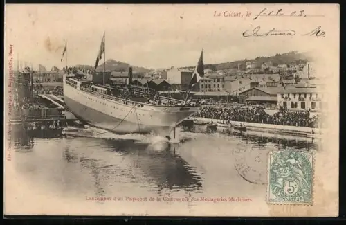 AK La Ciotat, Lancement d`un Paquebot de la Compagnie des Messageries Maritimes, Hafen