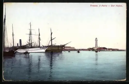 AK Trieste, Hafen mit Leuchtturm, il Porto