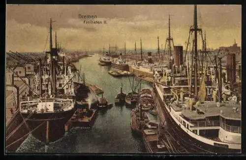 AK Bremen, Freihafen II mit Dampfschiffen