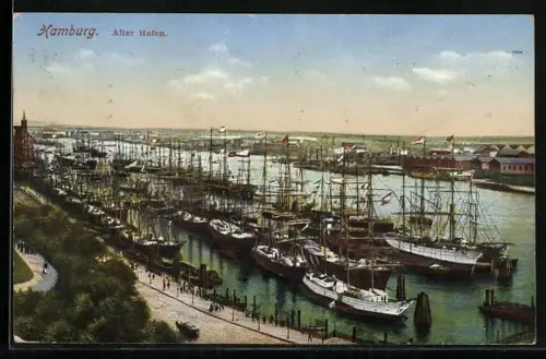 AK Hamburg, Alter Hafen aus der Vogelschau