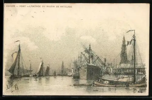Künstler-AK Anvers, Port, L`Éntree du Bassin de Batelage