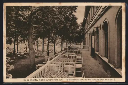 AK Neue Mühle bei Königs Wusterhausen, Gartenterrasse im Gasthaus zur Schleuse, Inh. K. Thormann