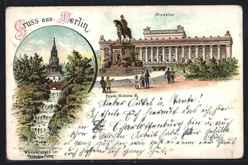Lithographie Berlin-Kreuzberg, Museum, Reiterstandbild Friedrich Wilhelm III., Wasserfall im Viktoria-Park