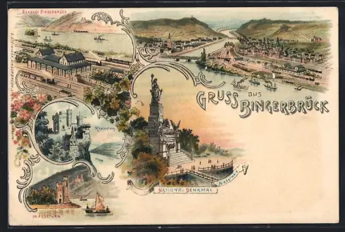 Lithographie Bingerbrück, Bahnhof, Mäuseturm, Nationaldenkmal Niederwald, Burg Rheinstein