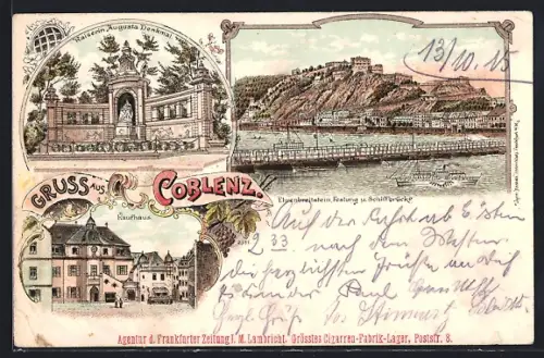 Lithographie Coblenz, Ehrenbreitstein Festung und Schiffbrücke, Kaiserin Augusta-Denkmal, Kaufhaus