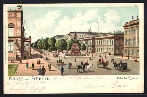 Lithographie Berlin, Unter den Linden, Strassenansicht mit Reiterstandbild Friedrichs II. und Kutschen