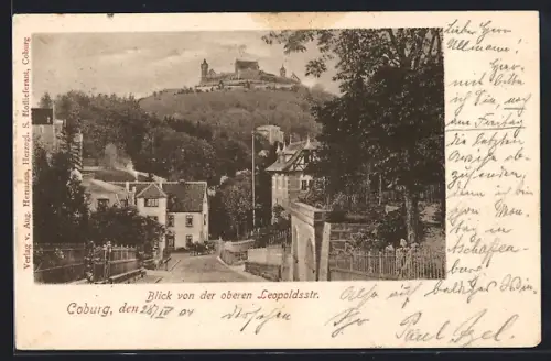 AK Coburg, Blick von der oberen Leopoldstrasse auf Veste Coburg
