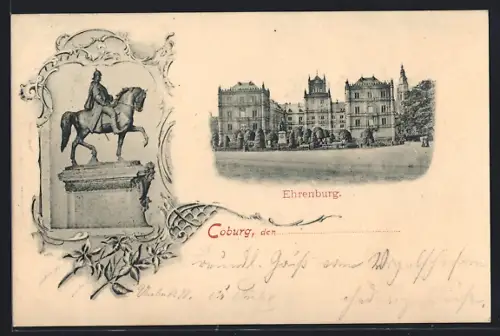 Lithographie Coburg, Ehrenburg, Reiterstandbild Herzog Ernst II.