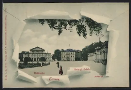 AK Coburg, Hoftheater, Herzogl. Palais, Arkaden