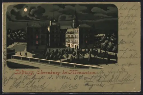 Lithographie Coburg, Ehrenburg bei Mondschein