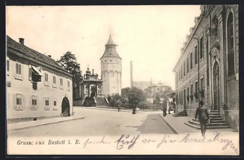 AK Rastatt i. B., Strassenpartie mit Wasserturm