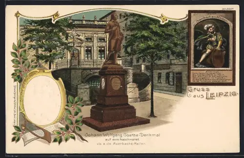 Lithographie Leipzig, Johann Wolfgang Goethe-Denkmal auf dem Naschmarkt gegenüber Auerbachs Keller