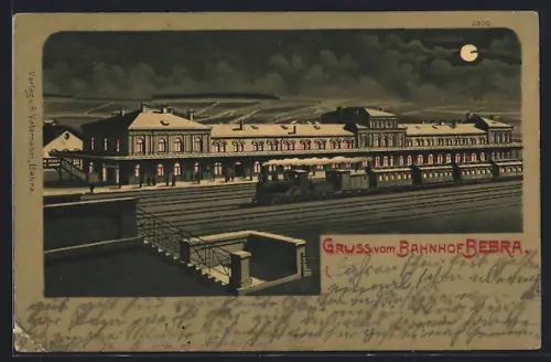 Lithographie Bebra, durchfahrende Eisenbahn am Bahnhof bei Nacht