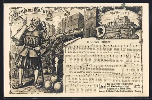 AK Coburg, Die Veste im Jahr 1632, Landsknecht am Geschütz, Kanonenkugeln