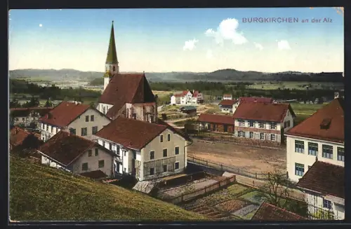 AK Burgkirchen an der Alz, Ortsansicht mit Kirche vom Berghang aus