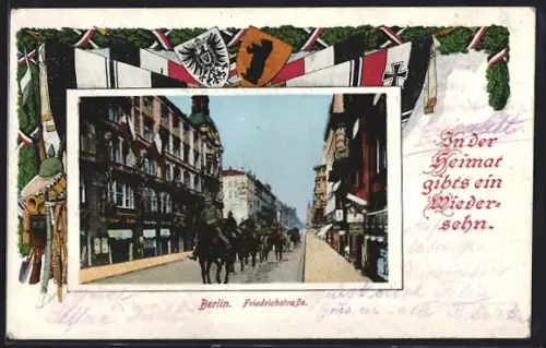AK Berlin, Friedrichstrasse mit Kavalleristen, Berliner Wappen, Reichskriegsflagge