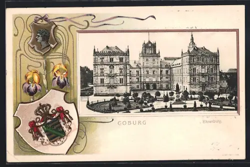 Passepartout-Lithographie Coburg, Ansicht der Ehrenburg, Wappen von Coburg und Sächsisches Wappen