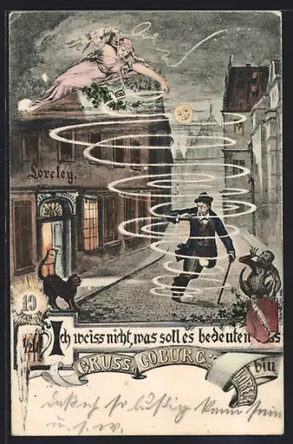 AK Coburg, Gasthof Loreley, Betrunkener mit Gehstock wankt die Chaussee entlang