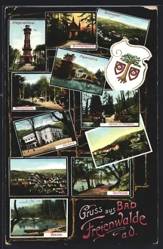 AK Bad Freienwalde a. O., Brunnenkapelle, Papenmühle, Teufelsee, Baasee, Partie am Kurpark, Kurhaus, Waldschänke