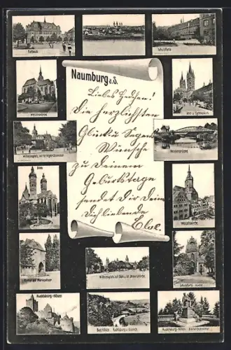 Grusskarten-AK Naumburg a. S., Dom, Wenzelskirche, Rudelsburg-Kösen, Hennebrücke, Schulpforta-Kirche, Wilhelmsplatz