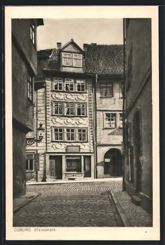 AK Coburg, Strasse Steingasse mit Geschäft