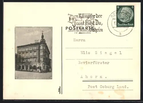 AK Coburg, Vierstöckiges Gebäude, Stempel Den Kämpfer der Front stützt Du, daheim