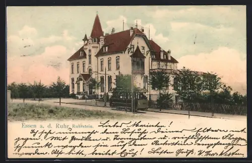 AK Essen a. d. Ruhr, Gasthaus Ruhrstein mit Strassenbahn