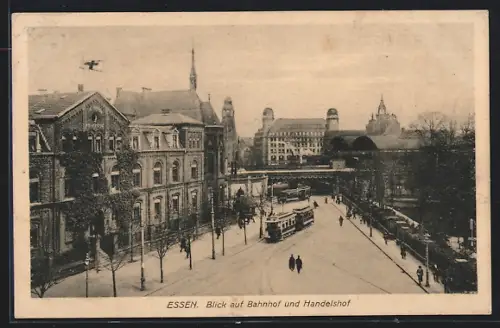 AK Essen, Blick auf Bahnhof und Handelshof, Strassenbahn