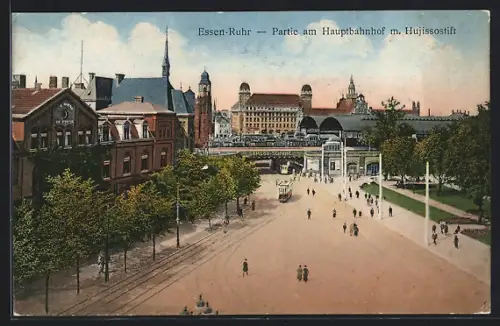 AK Essen /Ruhr, Hauptbahnhof, Hujissostift, Strassenbahn