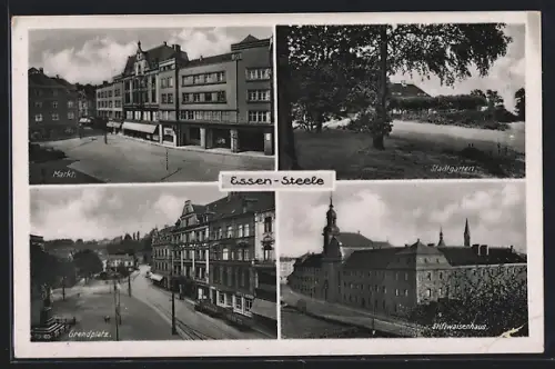 AK Essen-Steele, Markt, Stadtgarten, Grendplatz, Stiftwaisenhaus