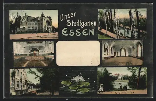 AK Essen, Stadtgarten, Restaurant-Gebäude, Kuppelsaal, Partie am neuen Teich