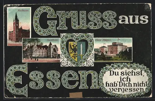 AK Essen, Rathaus, Saalbau, Villa Hügel