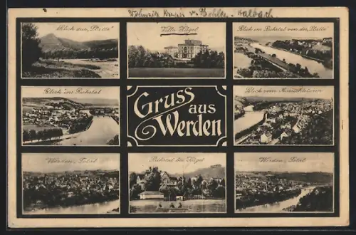 AK Werden, Blick ins Ruhrtal, Villa Hügel, Ortspanorama