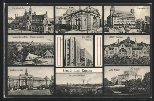 AK Essen, Hauptbahnhof, Stadttheater, Villa Hügel, Börse, Justizgebäude, Saalbau, Handelshof