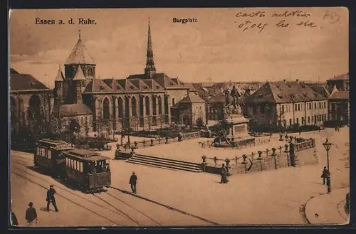 AK Essen a. d. Ruhr, Burgplatz mit Strassenbahn