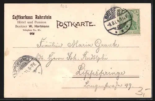 AK Bredeney a. d. Ruhr, Kurhaus Ruhrstein, Ausblick auf Villa Hügel von der Terrasse