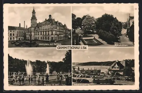 AK Crimmitschau i. Sa., Marktplatz mit Rathaus, Bismarckhain, Freibad im Sahn-Park, Kobertalsperre